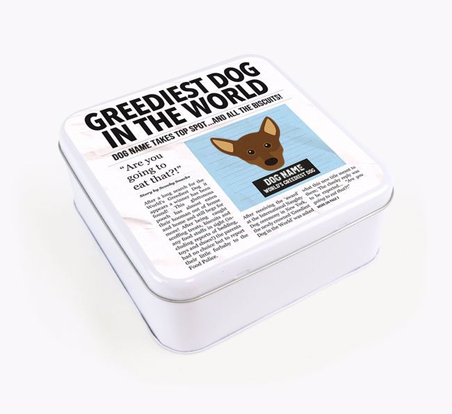 Personalised 'Greediest Dog' Newspaper Print Square Tin for your {breedFullName}